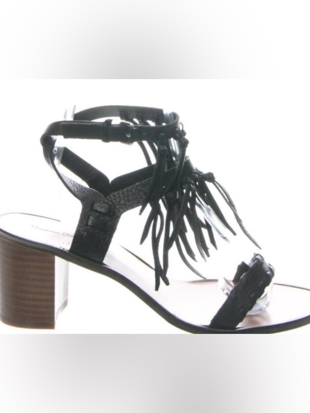 Massimo Dutti Black Leather Fringe Block-Heel Sandal in 38 or 7.5